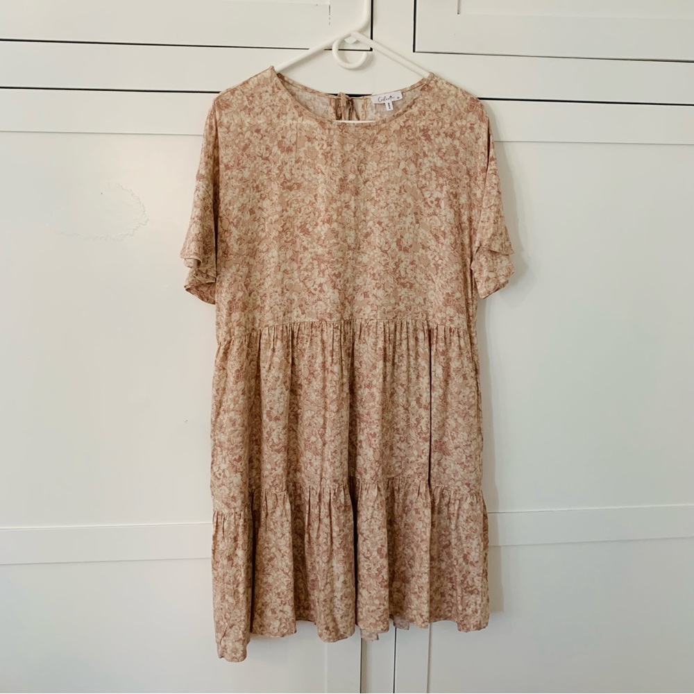 Calista Pink Floral Rayon Tiered Pocket Small Dress